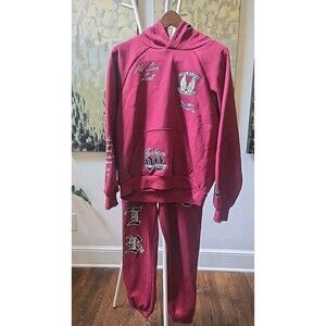 True Religion Sweatsuit Fleece Tracksuit Hoodie Joggers Set Burgundy Men's Sz S